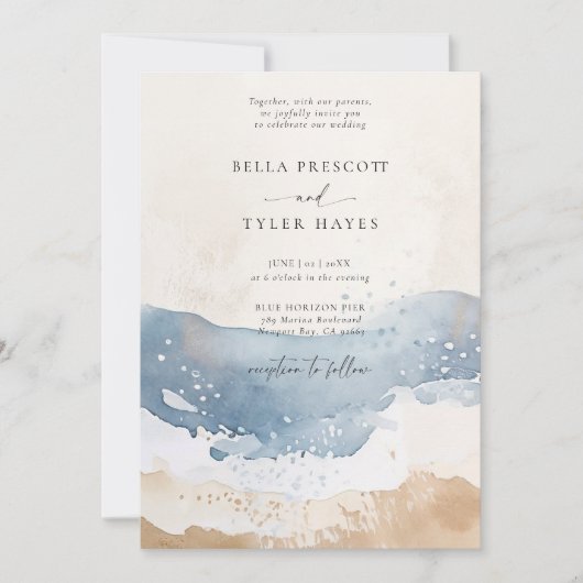 沿岸ネイビー海ビーチウェーブサンドエレガントな結婚式 招待状 (正面)