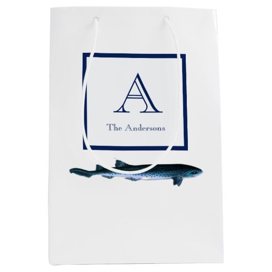 沿岸パーソナライズされた海軍ブルーホワイトシャーク培地 ミディアムペーパーバッグ (正面)
