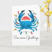 沿岸ビーチのクリスマスの青カニの休日サンタ カード (黄色い花)