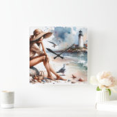 沿岸ビーチガール&ライトハウス スクエア壁時計 (ホーム)