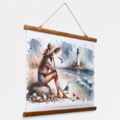 沿岸ビーチガール&ライトハウス 吊り下げ型タペストリー (傾斜あり)