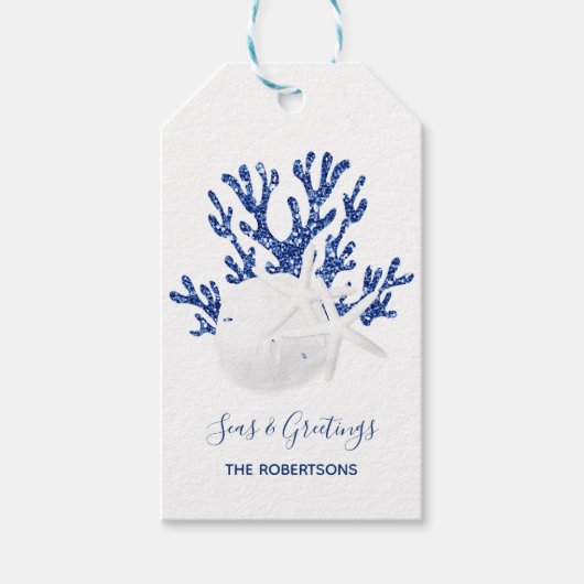 沿岸ビーチクリスマスネイビーブルーグリッター ギフトタグ (正面)