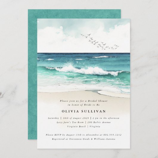 沿岸ビーチシーサンドウォーター色ブライダルシャワー 招待状 (正面/裏面)