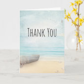沿岸ビーチシーンとウッドローボートサンキュー カード (黄色い花)
