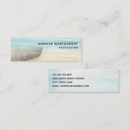 沿岸ビーチシーンとウッドローボートミニビジネス スキニー名刺 (正面/裏面)