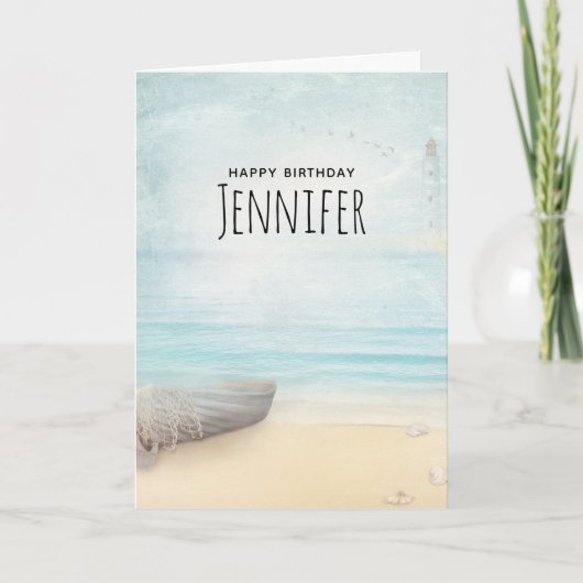 沿岸ビーチシーンとボート&ライトハウス カード (正面)