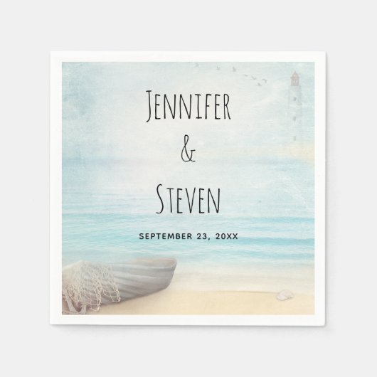 沿岸ビーチシーンと魚釣りボート結婚ズ スタンダードカクテルナプキン (正面)