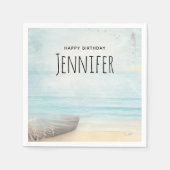 沿岸ビーチシーンと魚釣りボート誕生日 スタンダードカクテルナプキン (正面)