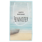 沿岸ビーチシーンと魚釣りボート誕生日 スモールペーパーバッグ (正面)