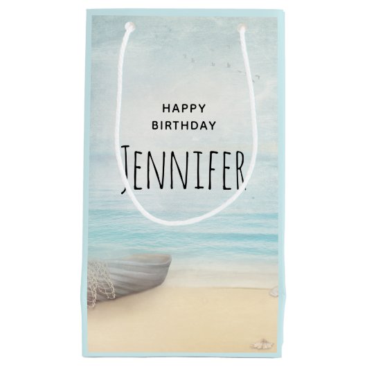 沿岸ビーチシーンと魚釣りボート誕生日 スモールペーパーバッグ (正面)