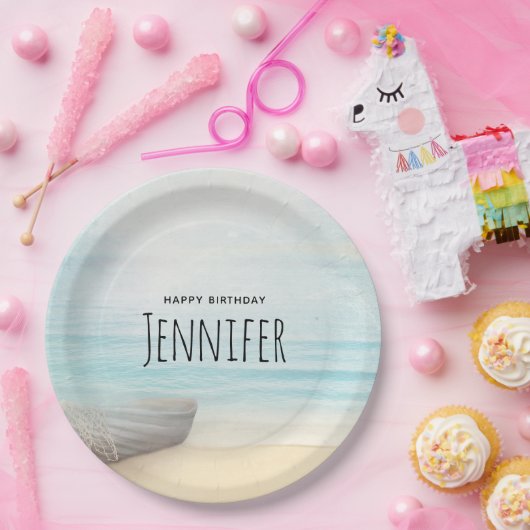 沿岸ビーチシーンと魚釣りボート誕生日 ペーパープレート (パーティー)