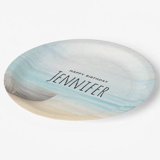 沿岸ビーチシーンと魚釣りボート誕生日 ペーパープレート (アングル)