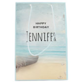 沿岸ビーチシーンと魚釣りボート誕生日 ミディアムペーパーバッグ (正面)