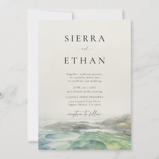 沿岸ビーチタイドプールベージュ色グリーンエレガントウェディング 招待状 (正面)