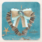 沿岸ビーチテーマ流木ハートバレンタインデー スクエアペーパーコースター (正面)