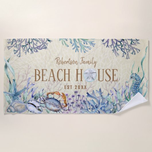 沿岸ビーチハウスシーライフファミリーネーム ビーチタオル (正面)
