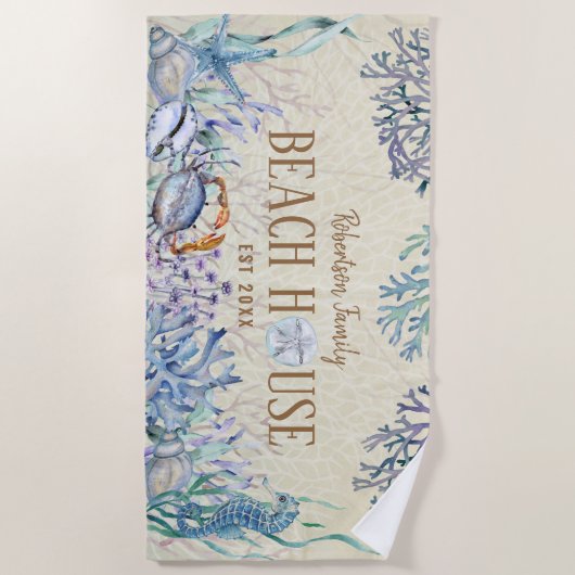 沿岸ビーチハウスシーライフファミリーネーム ビーチタオル (正面)