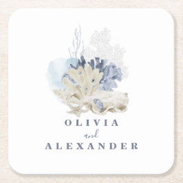 沿岸ビーチブルー結婚シーシェル スクエアペーパーコースター