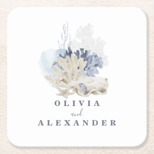 沿岸ビーチブルー結婚シーシェル スクエアペーパーコースター (正面)