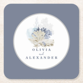沿岸ビーチブルー結婚シーシェル スクエアペーパーコースター