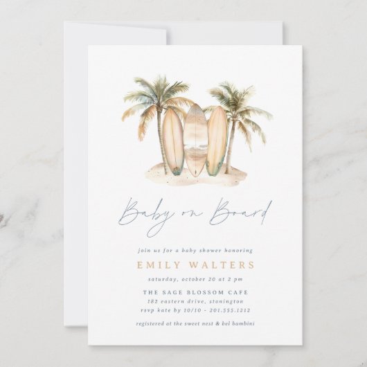沿岸ビーチベビーオンボードサーフテーマベビーシャワー 招待状 (正面)