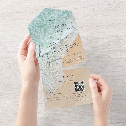 沿岸ビーチ先QRコードRSVP 結婚's オールインワン招待状 (貼ってはがせる)