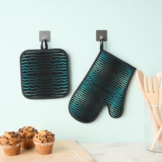 沿岸ビーチ塩辛いターコイズ波抽象芸術アート 鍋つかみ&鍋敷きセット (インサイチュ (吊り下げ))