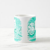 沿岸ビーチ水色ティール(緑がかった色)シーシェルヒトデ コーヒーマグカップ (中央)