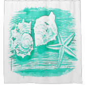 沿岸ビーチ水色ティール(緑がかった色)シーシェルヒトデ シャワーカーテン (正面)