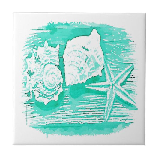沿岸ビーチ水色ティール(緑がかった色)シーシェルヒトデ タイル (正面)