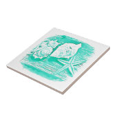 沿岸ビーチ水色ティール(緑がかった色)シーシェルヒトデ タイル (側面)