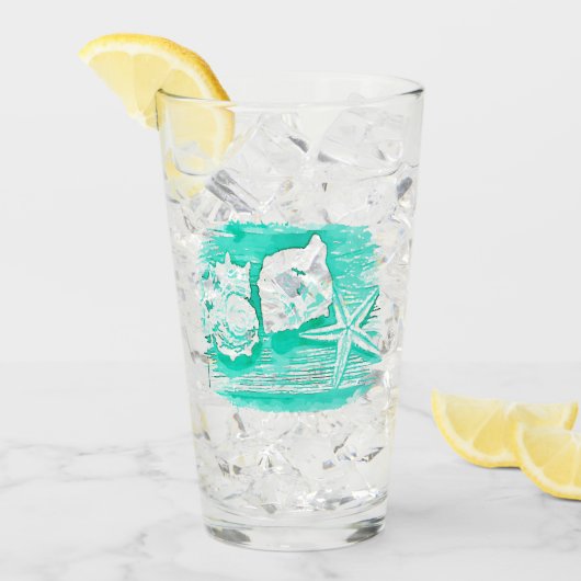 沿岸ビーチ水色ティール(緑がかった色)シーシェルヒトデ タンブラーグラス (アイス正面)