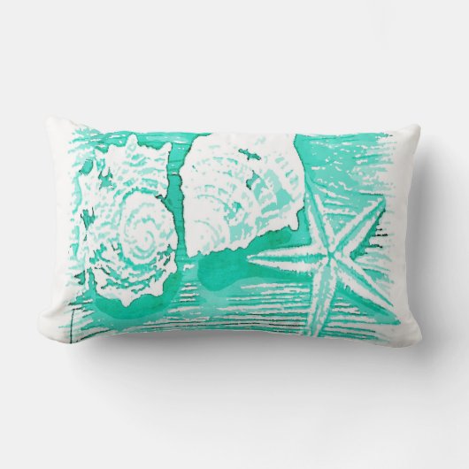 沿岸ビーチ水色ティール（緑がかった色）シーシェルヒトデ ランバークッション (正面)