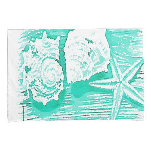 沿岸ビーチ水色ティール(緑がかった色)シーシェルヒトデ 枕カバー (正面右)