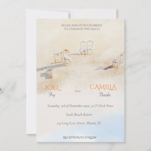 沿岸ビーチ海水彩結婚式招待状 招待状 (正面)