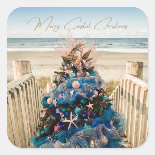 沿岸メリークリスマストロピカルビーチホリデーツリー スクエアシール (正面)