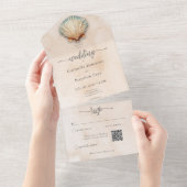 沿岸モダン貝砂水色QRコード オールインワン招待状 (貼ってはがせる)