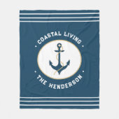沿岸リビング航海のティール(緑がかった色)ブルーホワイトいかり フリースブランケット (正面)