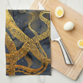 沿岸ヴィンテージタコ金ゴールドブラックブルーウォーター色 キッチンタオル (四つ折り)