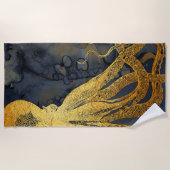 沿岸ヴィンテージタコ金ゴールドブラックブルーウォーター色 ビーチタオル (正面)