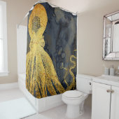 沿岸ヴィンテージ金ゴールドブラックタコのインク水色 シャワーカーテン (インサイチュ)