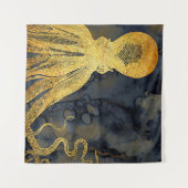 沿岸ヴィンテージ金ゴールドブラックタコのインク水色 タペストリー (正面(横))