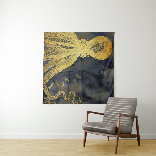 沿岸ヴィンテージ金ゴールドブラックタコのインク水色 タペストリー (インサイチュ(横))