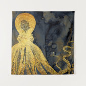 沿岸ヴィンテージ金ゴールドブラックタコのインク水色 タペストリー (正面)