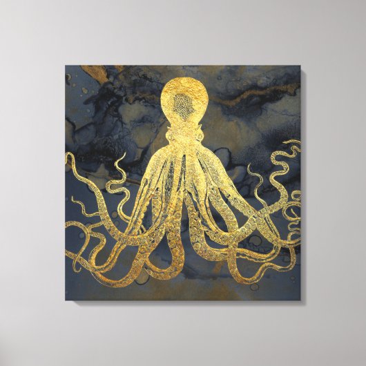 沿岸ヴィンテージ金ゴールドブルーブラックタコ水彩 キャンバスプリント (正面)