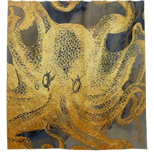 沿岸ヴィンテージ金ゴールドブルーブラックタコ水彩 シャワーカーテン (正面)