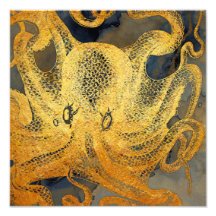 沿岸ヴィンテージ金ゴールドブルーブラックタコ水彩