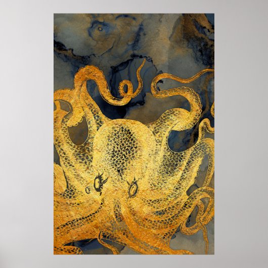 沿岸ヴィンテージ金ゴールドブルーブラックタコ水彩 ポスター (正面)