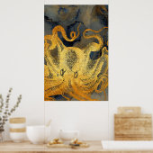 沿岸ヴィンテージ金ゴールドブルーブラックタコ水彩 ポスター (キッチン)