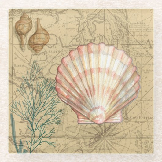 沿岸地図コラージュ ガラスコースター (正面)